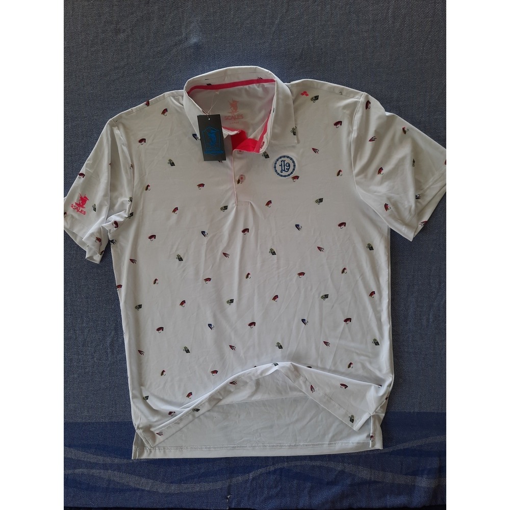 Scales Offshore Country Club So Fly Polo Mens Large White Fishing Lure Print NWT